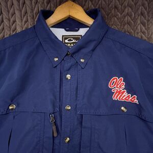 Drake Fishing Shirt Mens L Blue Ole Miss Rebels Roll Tab Long Sleeve Vented